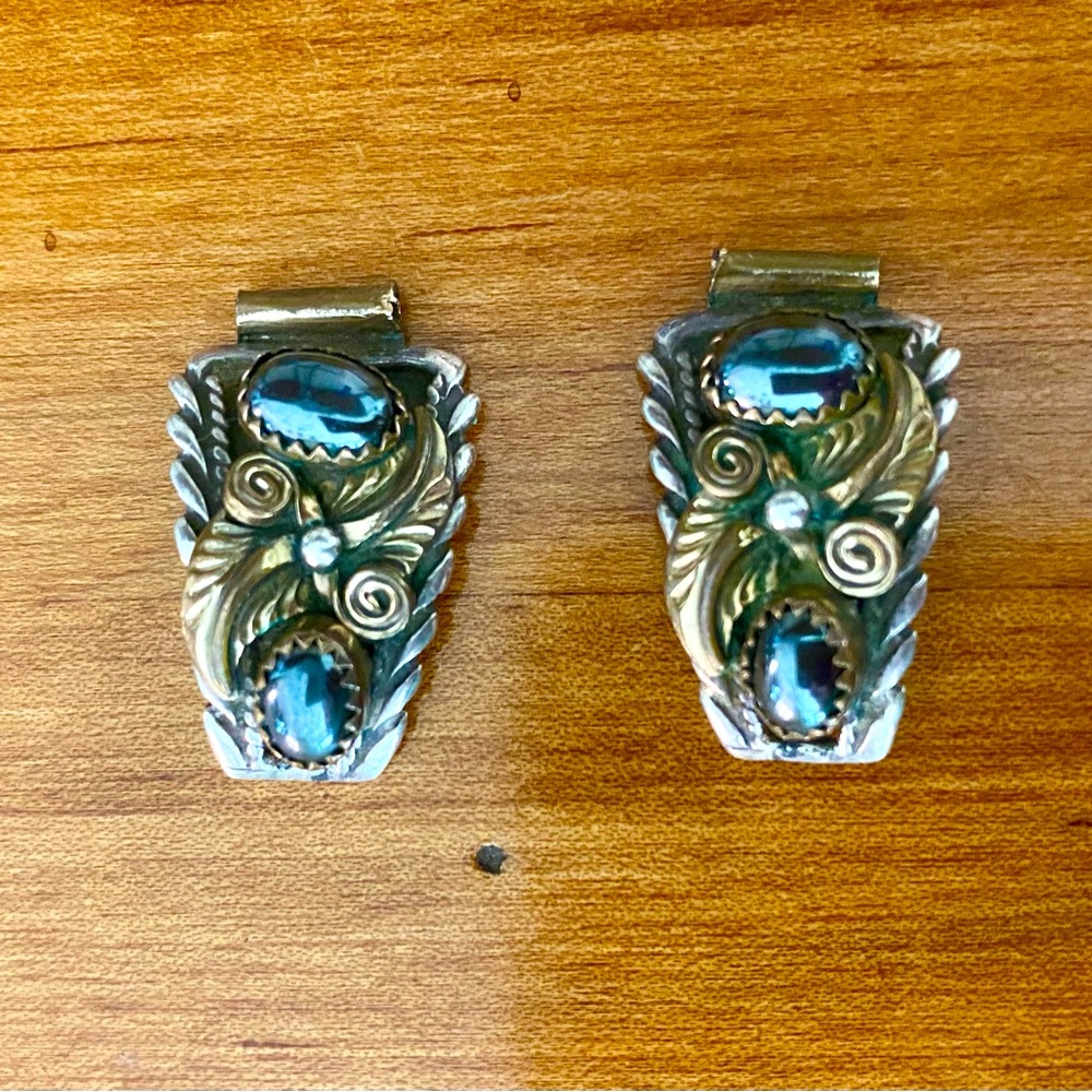 Vintage Native American Sterling Silver, Brass  And Hematite Watch Tips
